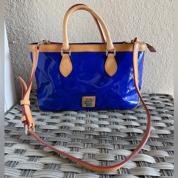 Dooney & Bourke Patent Leather Small Zip Satchel Electric Blue & Tan Trim - Picture 15 of 16